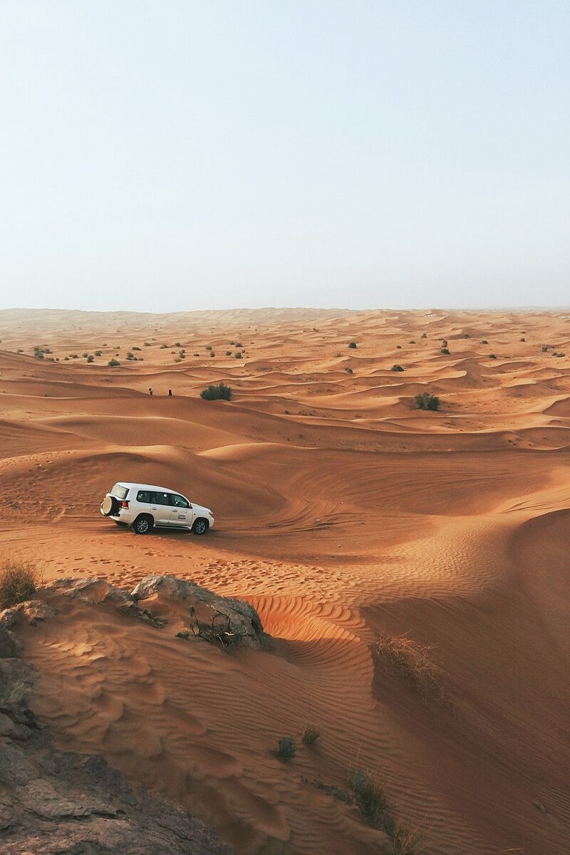 Ein Geländewagen erklimmt eine Düne während einer Wüstensafari.⇒Unsplash