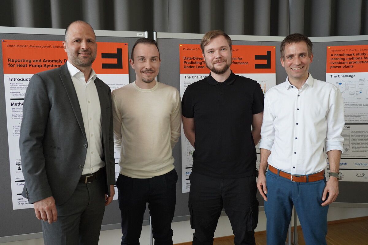 (V. l.) LR Marco Tittler, die Doktoranden Christian Baumann, Gleb Prokhorskii und FHV-Forschungsleiter Markus Preißinger.⇒ FHV