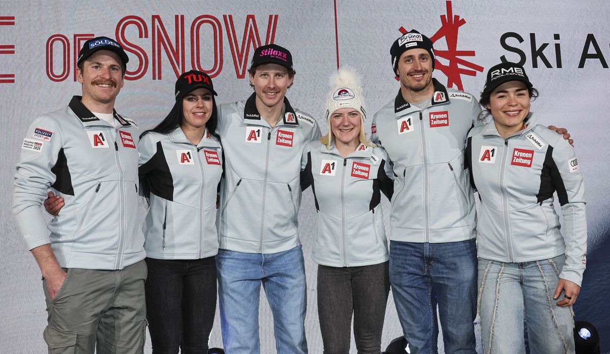 Das ÖSV-Team für den WM-Auftakt, den Parallel-Teambewerb, von links: Fabio Gstrein, Stephanie Brunner, Dominik Raschner, Katharina Truppe, Stefan Brennsteiner und Julia Scheib.⇒gepa