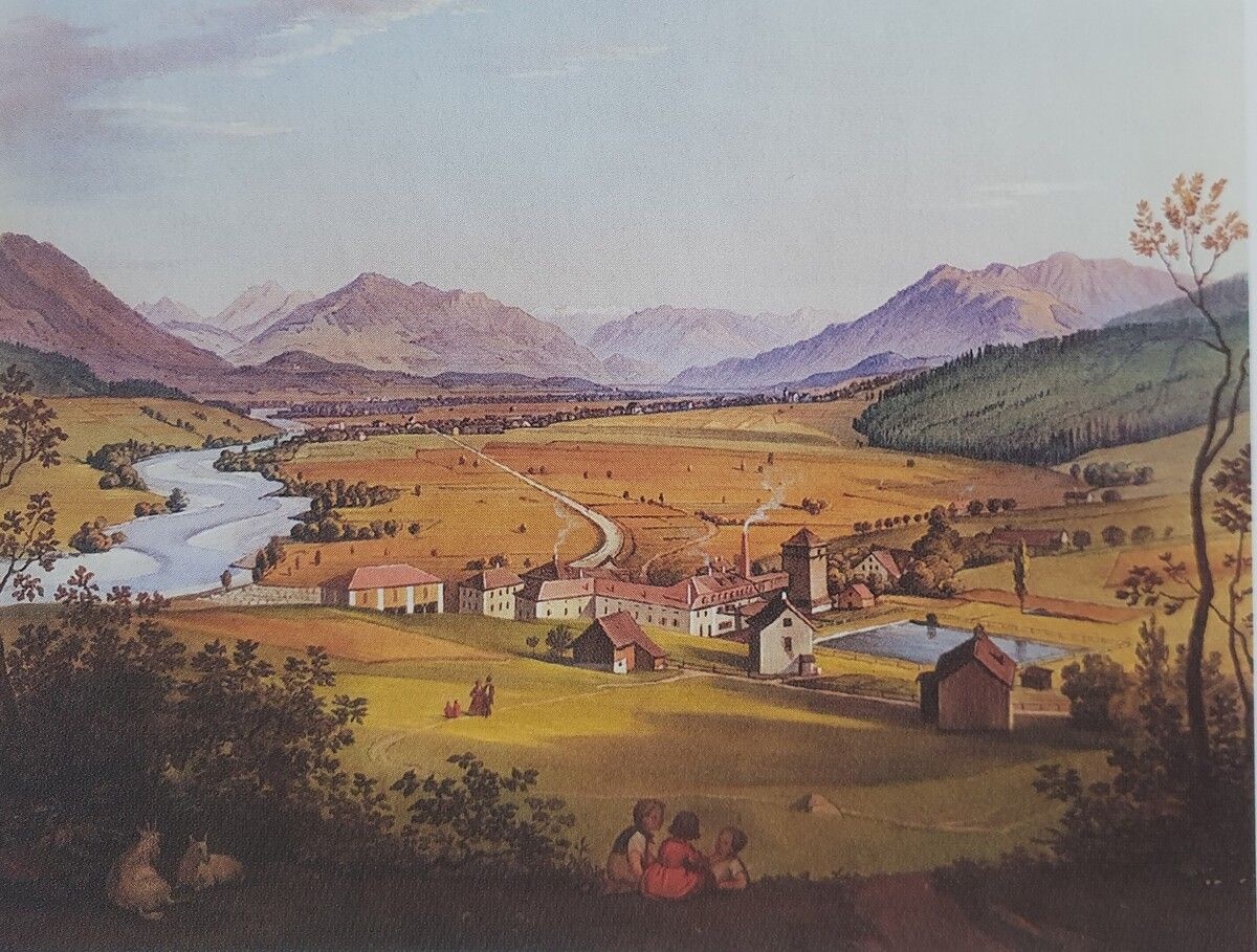 Gemälde der Fabrikanlage Felsenau mit Blick in den Walgau um 1880.⇒ Zentralarchiv Getzner, Mutter & Cie.