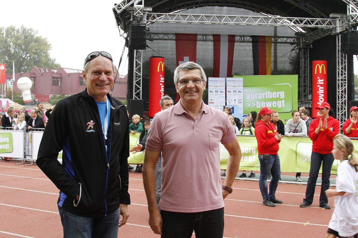 Die Urheber des 3-Länder-Marathons und des Kindermarathons: Peter Mennel und Ex-Sportlandesrat Siegi Stemer. ⇒GEPA