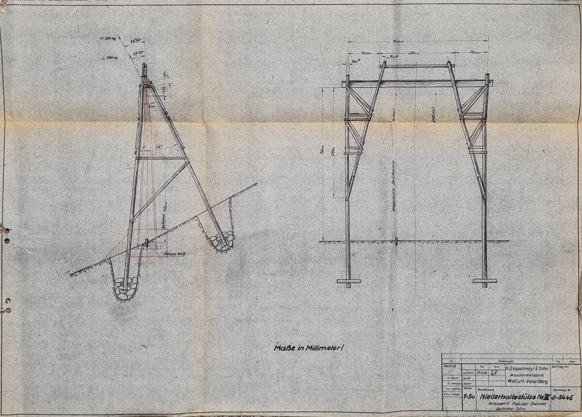 Plan der Holzstützen für den neuen Lifts. ⇒Gemeindearchiv Dalaas