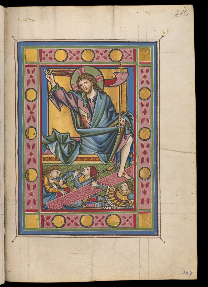 So stellten sich Menschen im Mittelalter die Auferstehung Jesu vor: Ein unbekannter Künstler hat um 1260 die Auferstehung im Rheinauer Psalter verewigt, der heute zu den Prachtstücken der Zentralbibliothek in Zürich zählt. ⇒Zentralbibliothek Zürich, aus e-codices