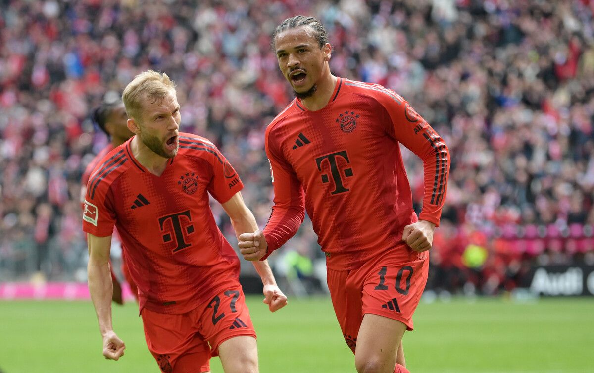 Der Salzburger Konrad Laimer, hier beim Jubeln mit Leroy Sane, darf sich über seinnen ersten Meistertitel mit den Bayern freuen.⇒gepa