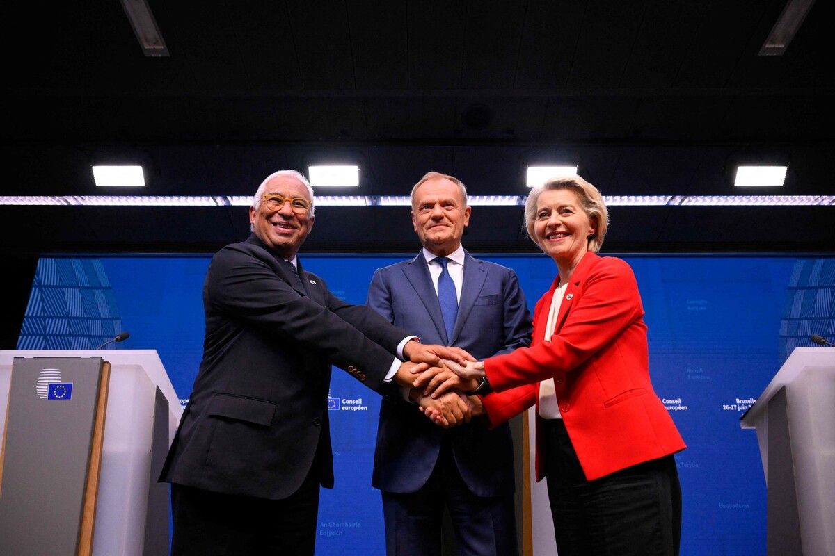 Antonio Costa, Donald Tusk und Kommissionspräsidentin Ursula von der Leyen. ⇒AFP