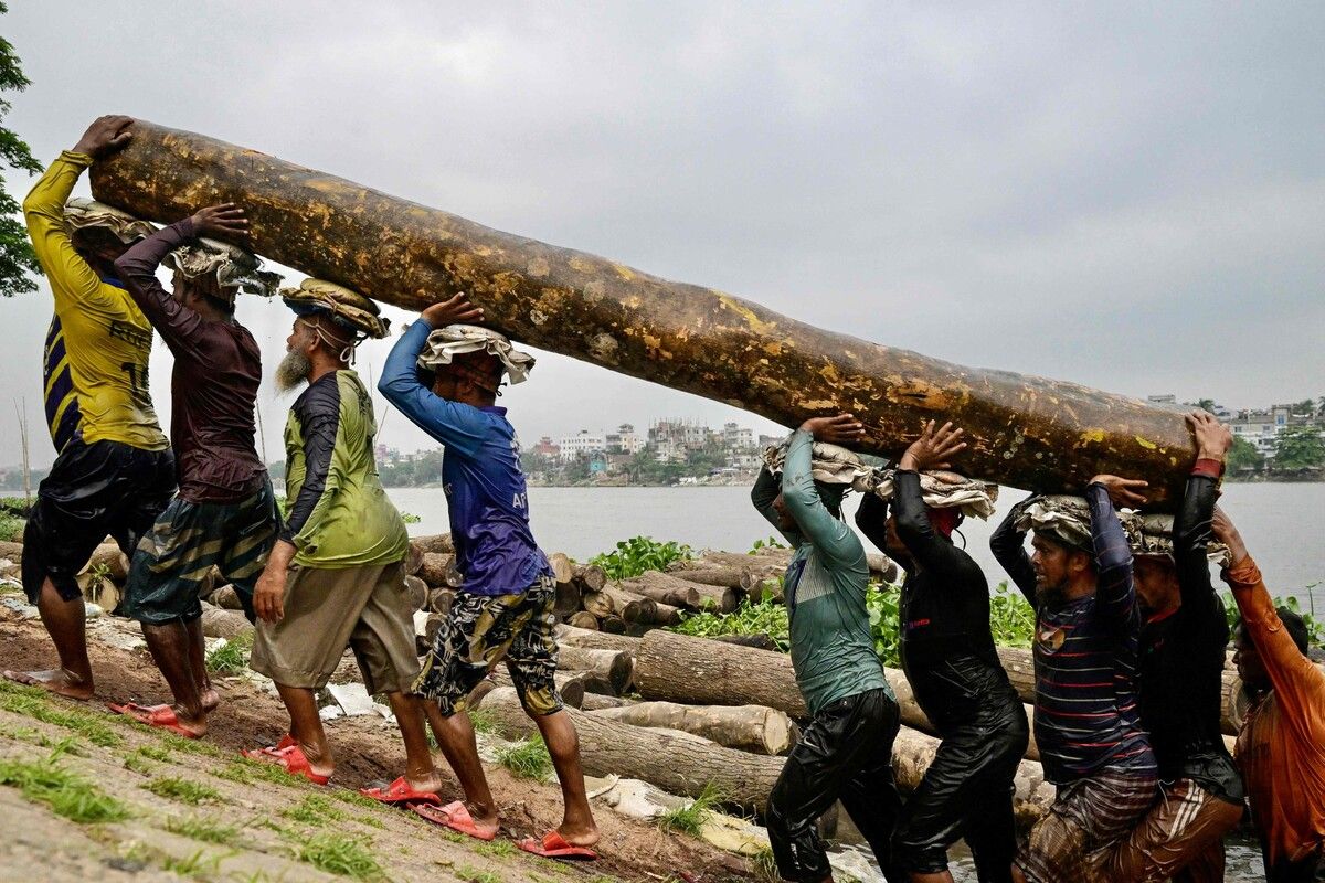Arbeiter tragen einen Holzstamm am Ufer des Flusses Buriganga in Dhaka – ein alltägliches Bild harter körperlicher Arbeit in Bangladeschs Hauptstadt. AFP (5)
