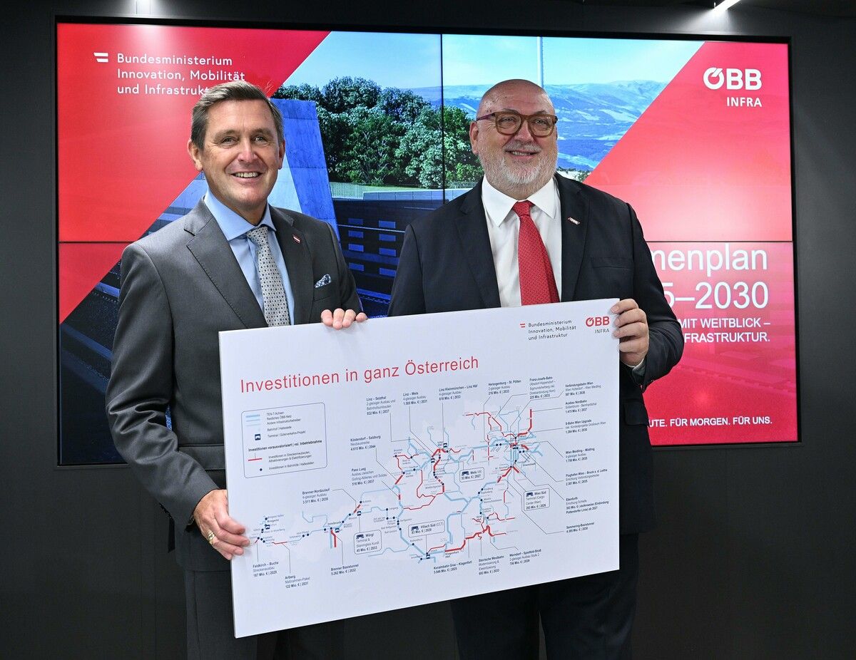 Peter Hanke und ÖBB-Chef Andreas Matthä präsentierten den Rahmenplan bis 2030.⇒APA