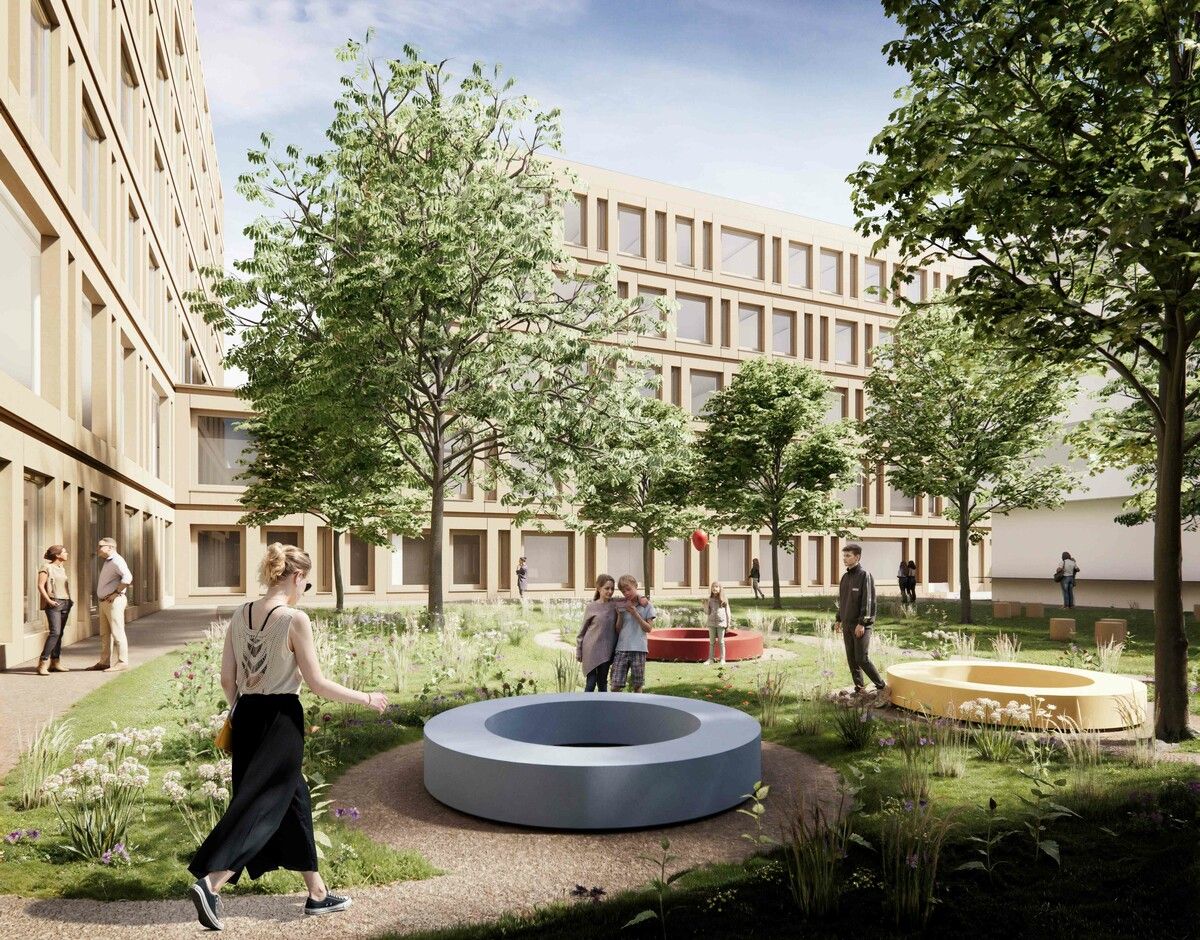 So soll der Innenhof der neuen Kinder- und Jugendpsychiatrie am Landeskrankenhaus Rankweil ab Frühjahr 2029 aussehen. ⇒Marte.Marte