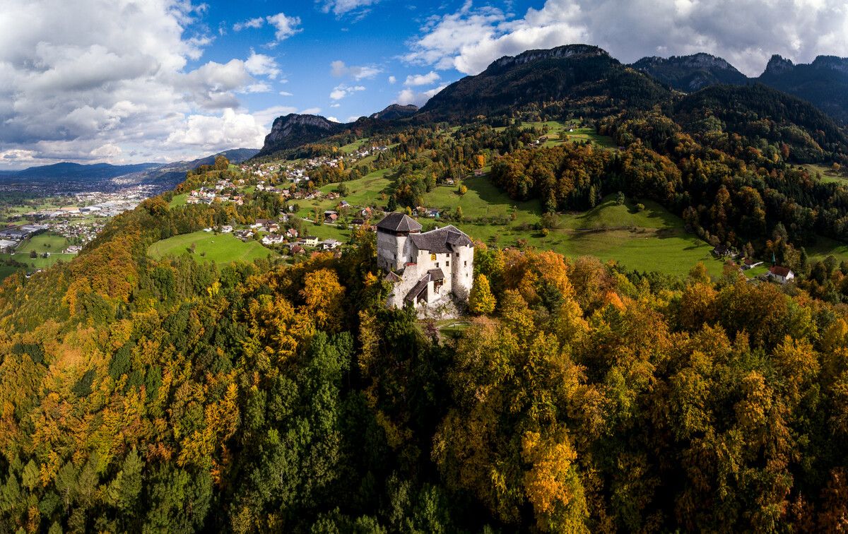 Das Schloss wurde 1343 von Ulrich von Ems errichtet. Zuerst wurde der achteckige Wehr- und Wohnturm gebaut.⇒vn