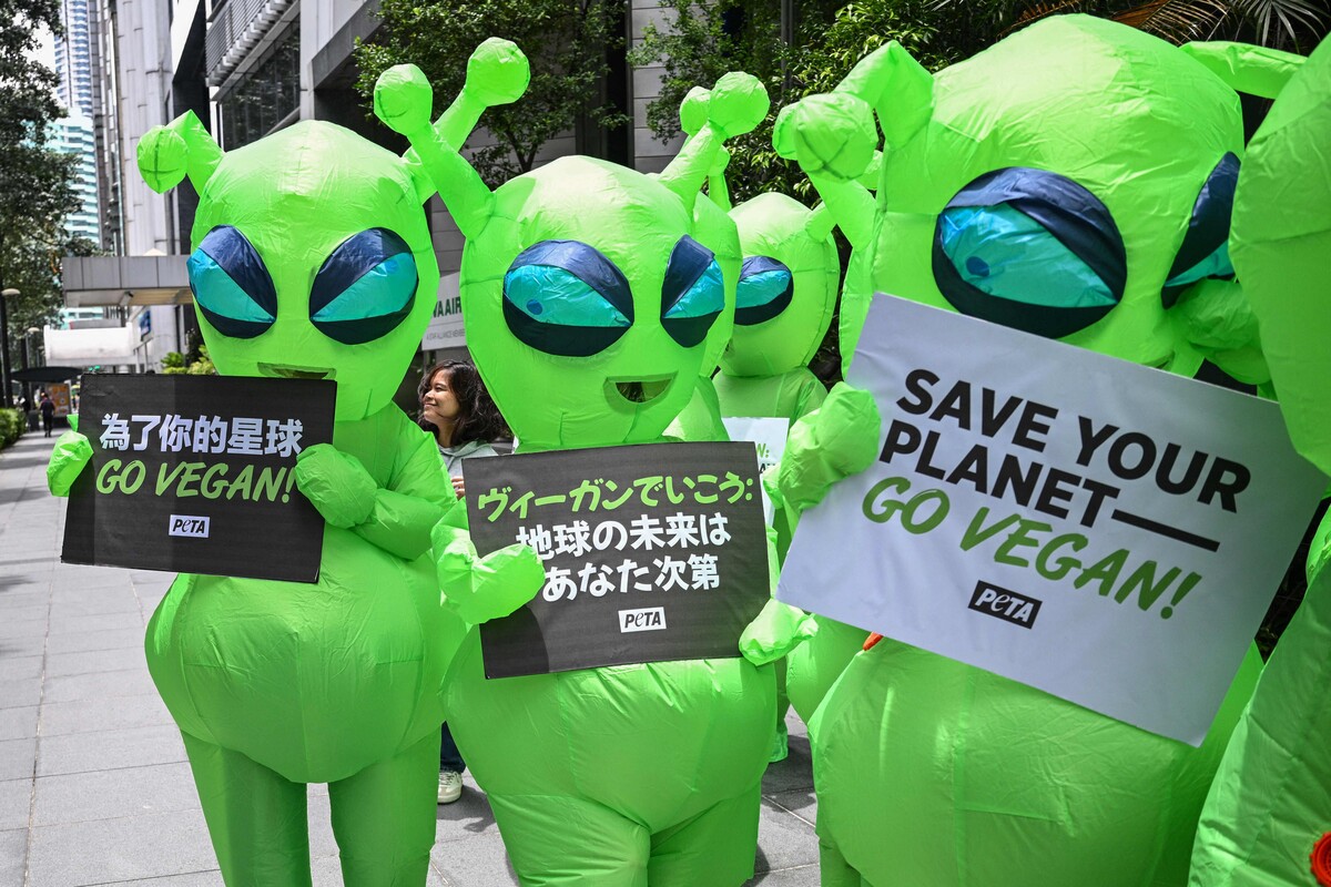 Mitglieder der Tierschutzorganisation PETA in Alien-Kostümen wollen in Manila im Rahmen ihrer Kampagne für vegane Ernährung auf die Treibhausgasemissionen der Landwirtschaft aufmerksam machen.