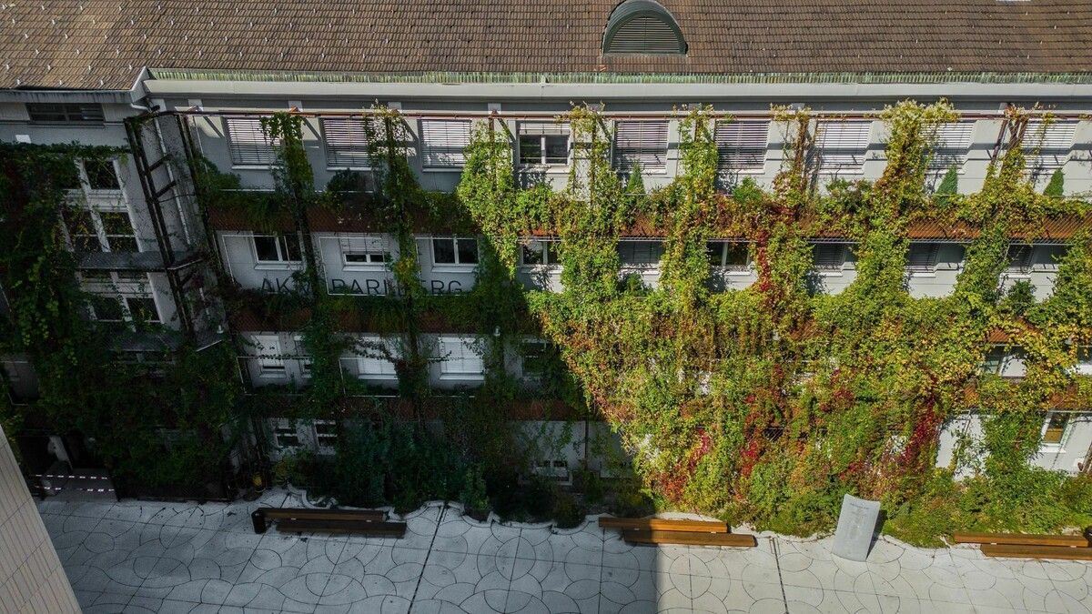 Die begrünte Fassade sorgt für angenehme Temperaturen.
