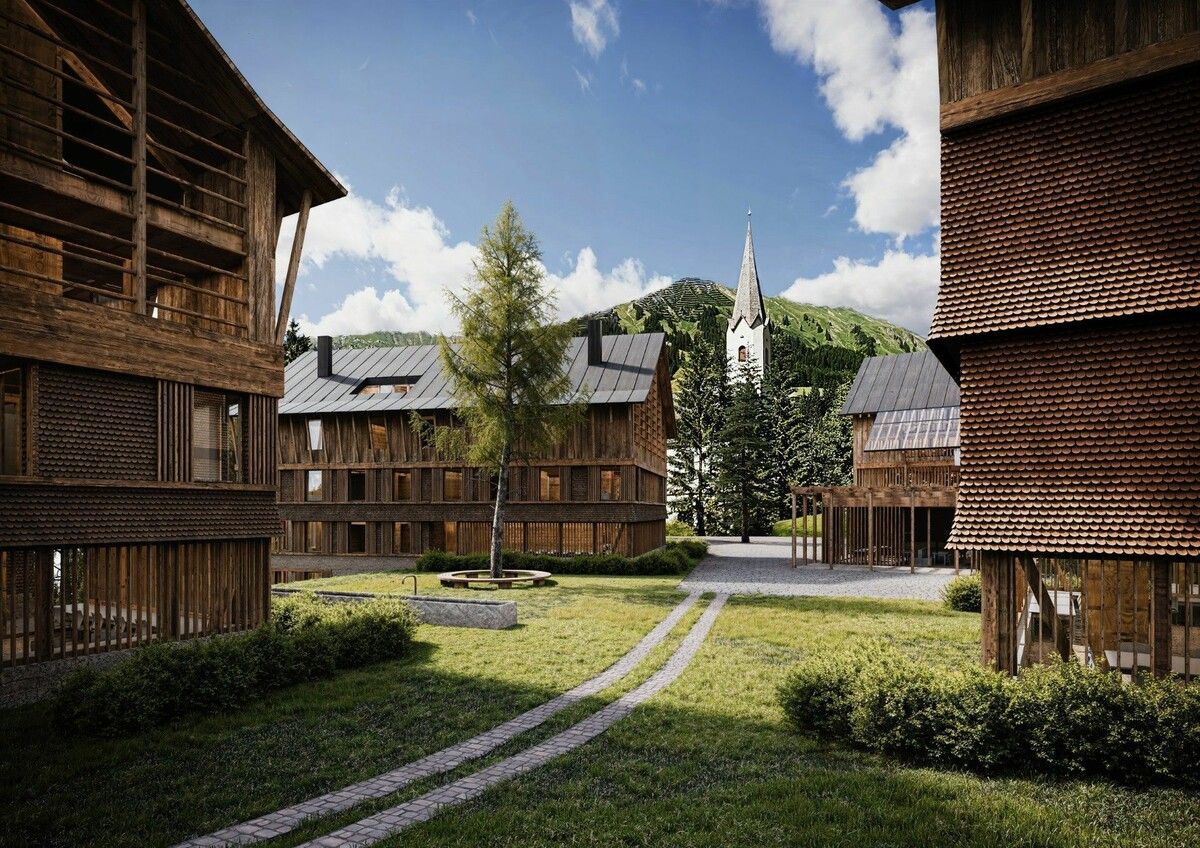 Im Zentrum des „Resort Arlberg Heimboden in Schröcken“ sind u. a. auch ein Restaurant und ein Dorfplatz vorgesehen. ⇒⇒VISUALISIERUNG MATTEO THUN