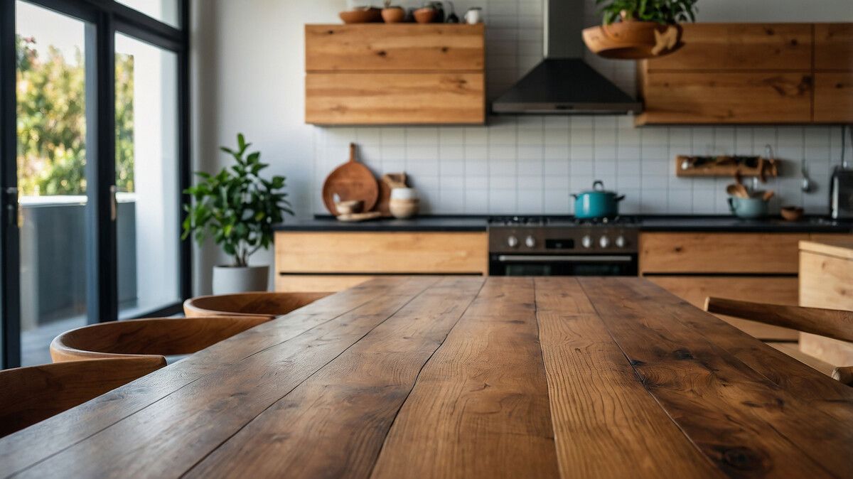 Küchenfronten, Esstische und -stühle werden gerne mit Maserung gezeigt. Dabei kommen oftmals auch Vintage-Einzelstücke zum Einsatz.⇒janzwolinski/123rf/GEV