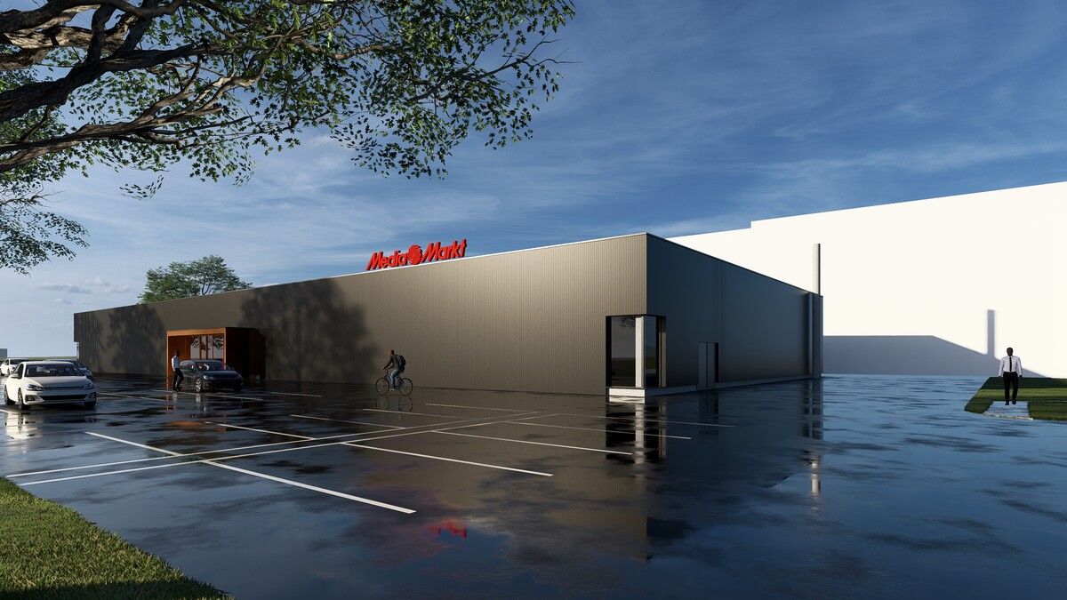 Rendering des neuen MediaMarkt-Ausweichquartiers neben dem Messepark.