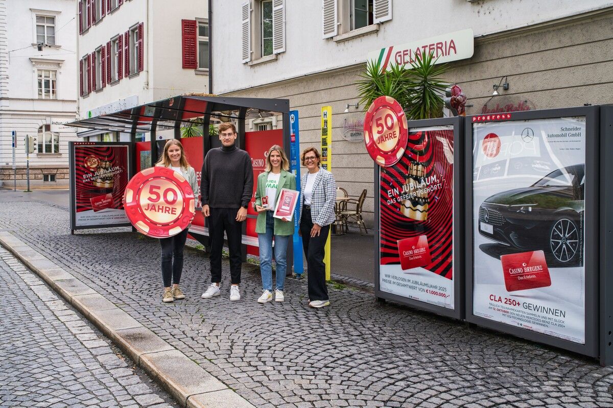 Sarah Reimann (Casinos Austria), Manuel Mathis (Progress Werbung), Carina Wilhelmstätter (Casinos Austria), Claudia Gröber (Progress Werbung). ⇒Progress