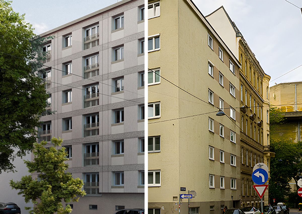 Vorher–nachher: In der Wiener Arenberggasse wird Renowate erstmals in Österreich eine Wohnanlage seriell sanieren. ⇒Renowate