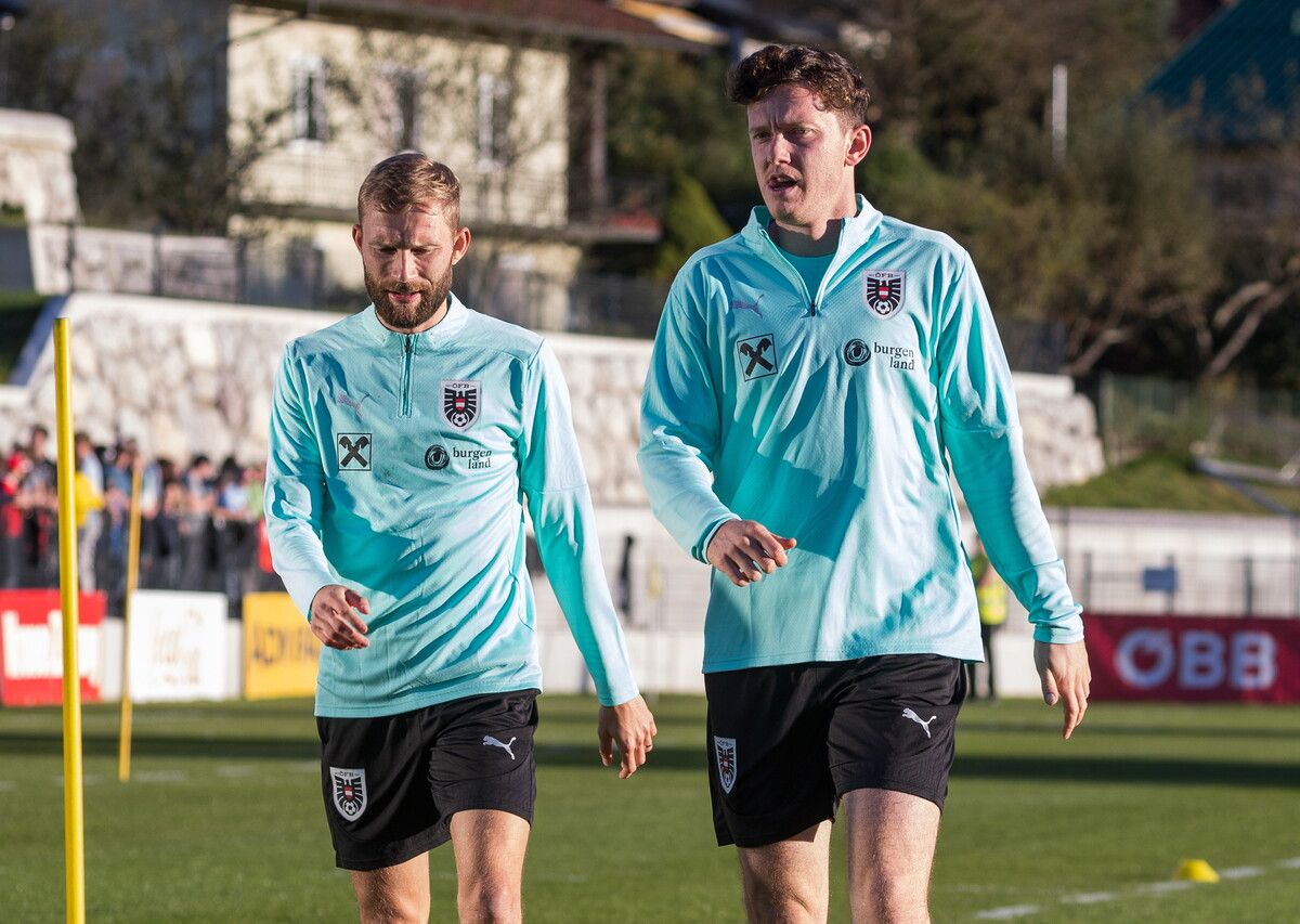 Konrad Laimer udn Michael Gregoritsch sollen heute gegen San Marino etwas für die Tordifferenz machen.⇒apa