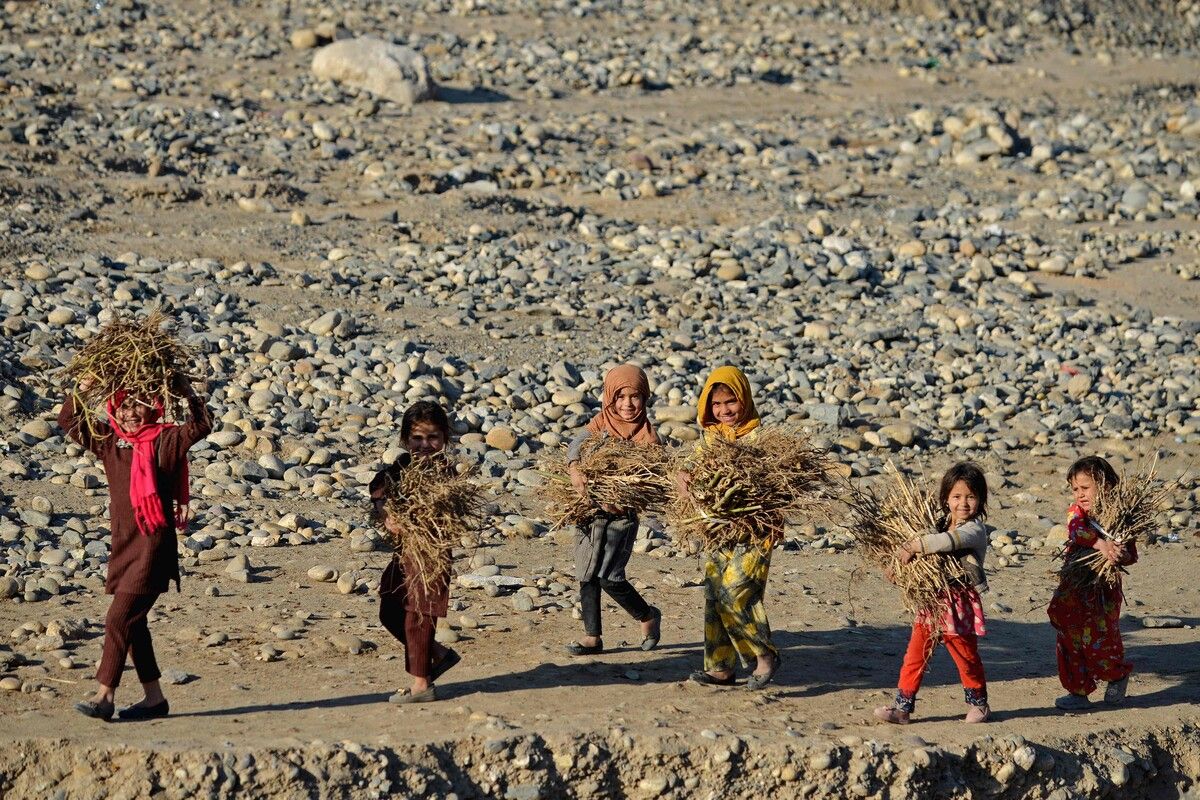 Afghanische Kinder tragen Bündel von Ästen als Brennholz auf einem Feld am Rande des Bezirks Fayzabad in der Provinz Badachschan.