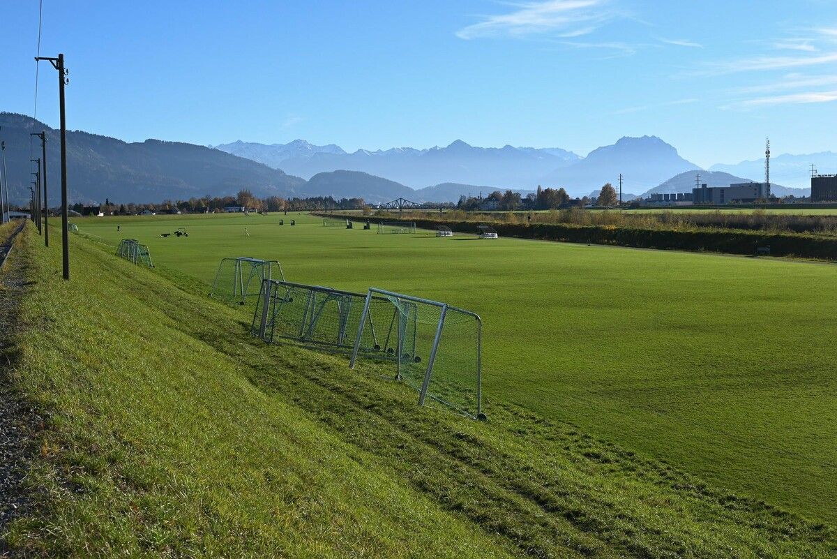 An fünf aneinandergereihten Fußballplätzen trainiert die gesamte Austria Lustenau im Rheinvorland.⇒Bernadette von Sontagh