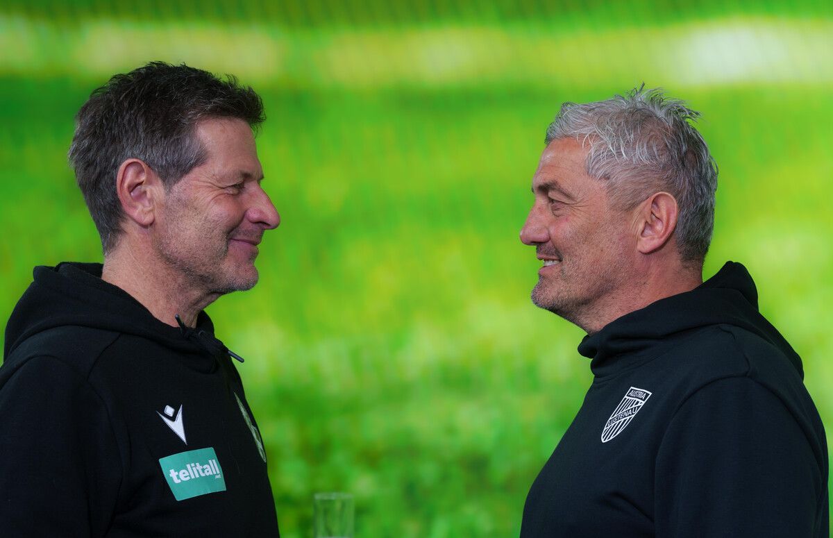 Andreas Heraf auf Seiten von SW Bregenz trifft im Derby erstmals auf seinen Trainerkollegen Markus Mader mit der Lustenauer Austria.⇒stiplovsek