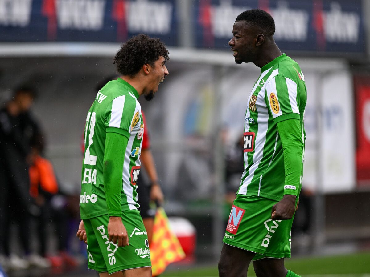 LUSTENAU,AUSTRIA,02.NOV.25 - SOCCER - ADMIRAL 2. Liga, SC Austria Lustenau vs SK Austria Klagenfurt. Image shows the rejoicing of Mohamed-Amine Bouchema and Mame Wade (A.Lustenau). Photo: GEPA pictures/ Oliver Lerch