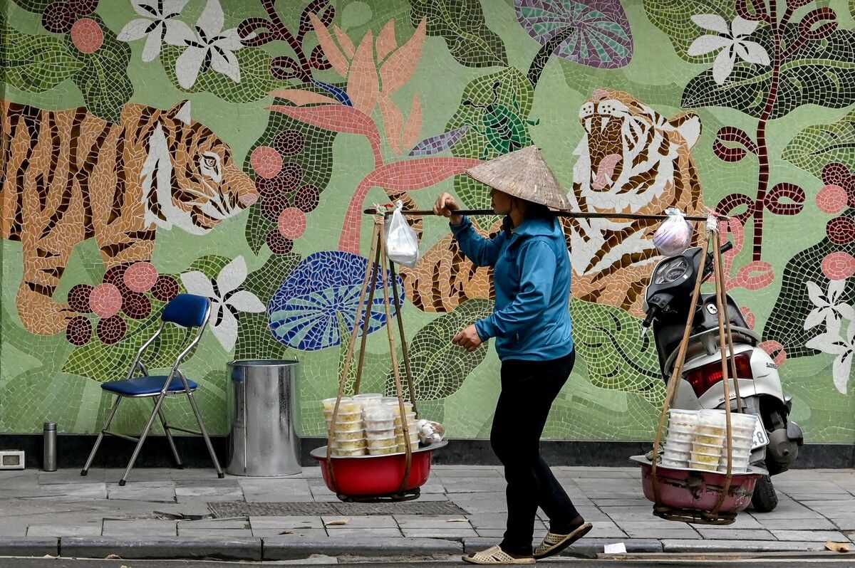 Ein Straßenverkäufer passiert ein farbenfrohes Wandbild im Altstadtviertel von Hanoi – ein Moment lebendiger Straßenkultur. AFP (5)