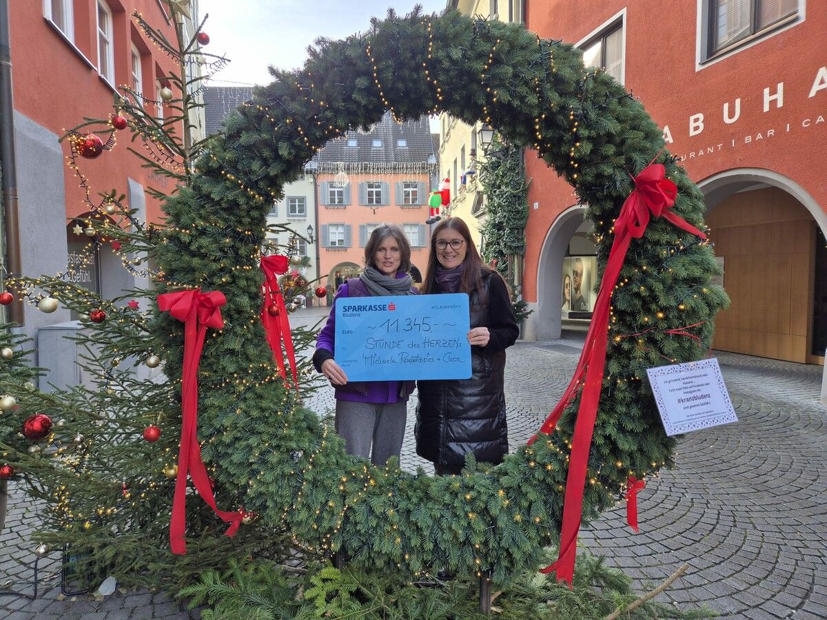 v.l.: Michaela Radakovics  (Chorleitung) und Michaela Mentberger (Chorsängerin und gute Fee des Chors) präsentieren die stolze Spendensumme. ⇒Chor