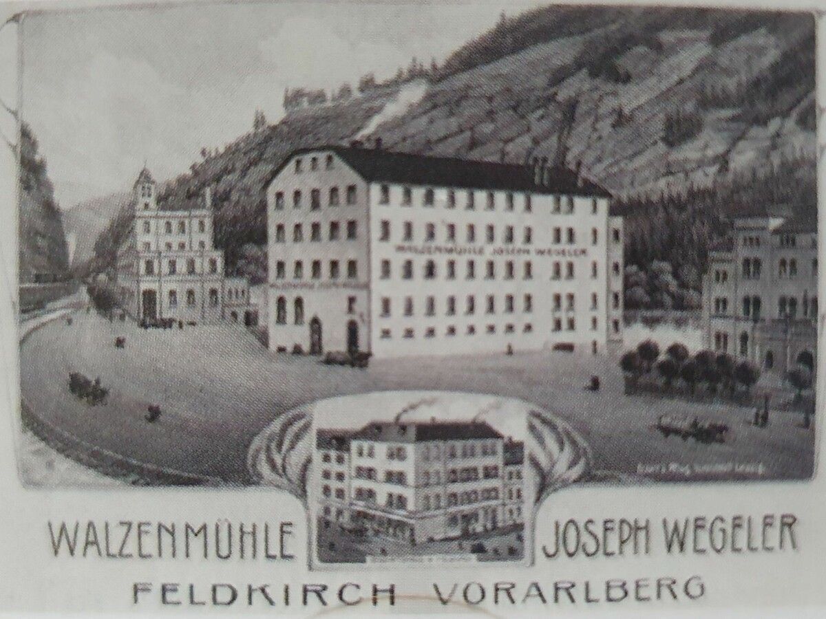 Walzenmühle Wegele, später Teil des Ganahl-Betriebsareals um 1890. ⇒Feldkircher Stadtarchiv