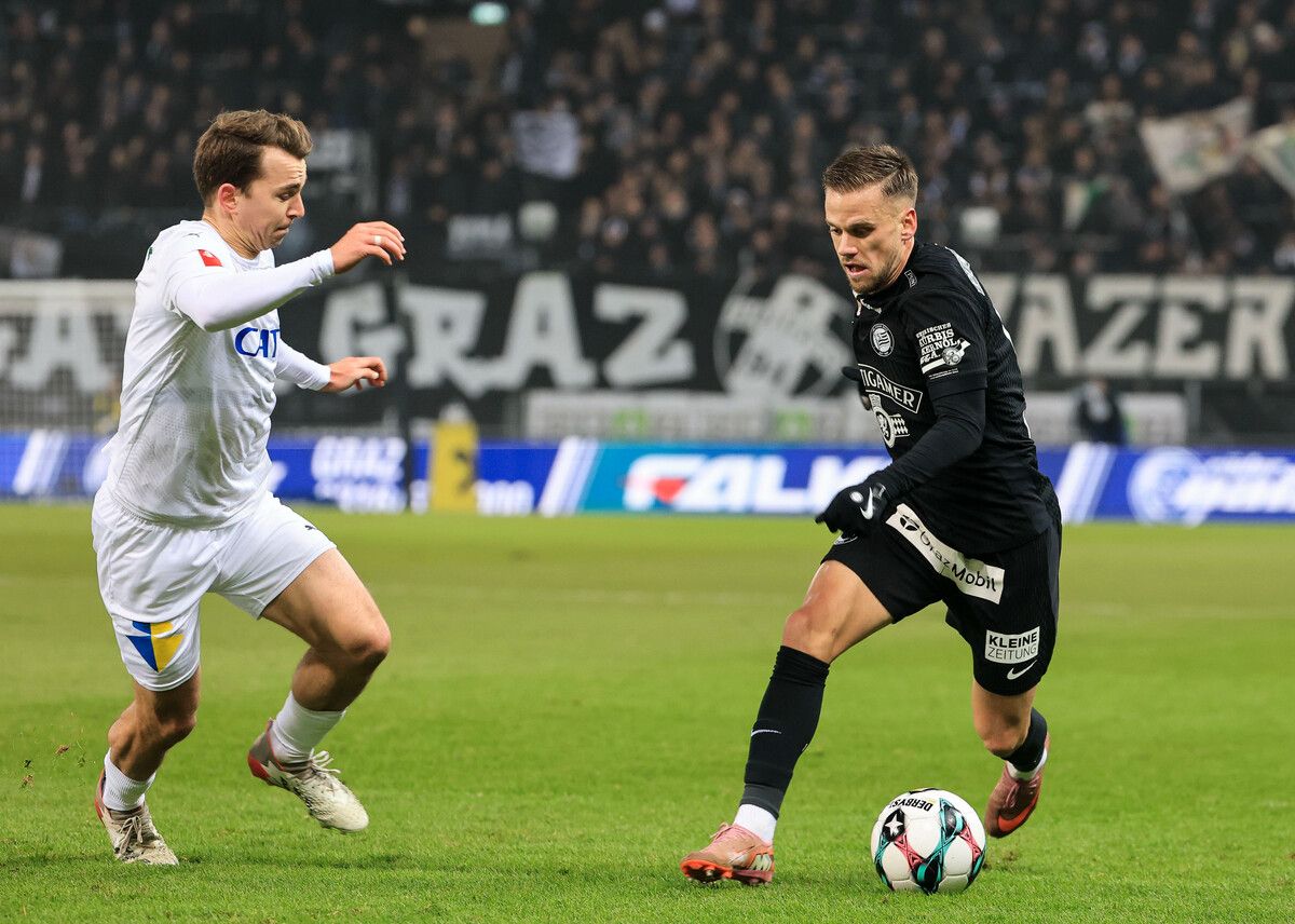 Zuletzt durften Valentino Müller (im Bild gegen Tomi Horvat) und Co. über den ersten Sieg gegen Sturm Graz jubeln.⇒gepa