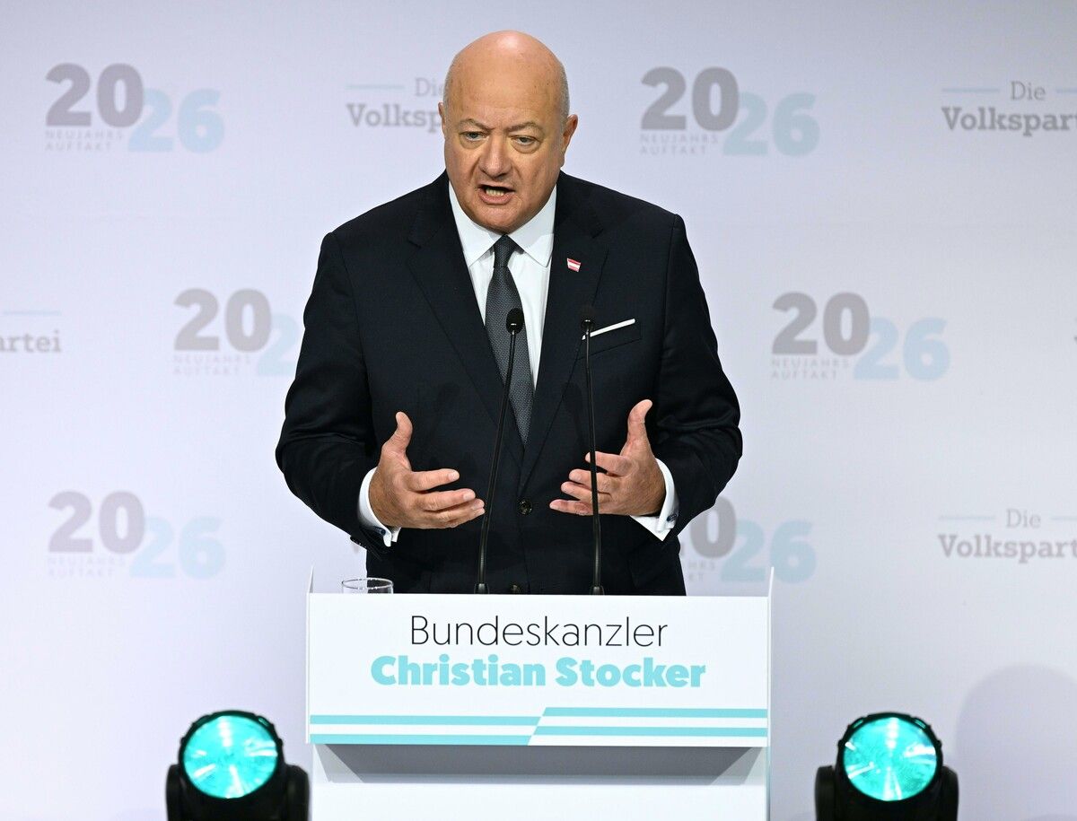 Bundeskanzler Christian Stocker schlug beim Neujahrsauftakt der ÖVP in Wien dicke politische Pflöcke in den Boden.⇒APA