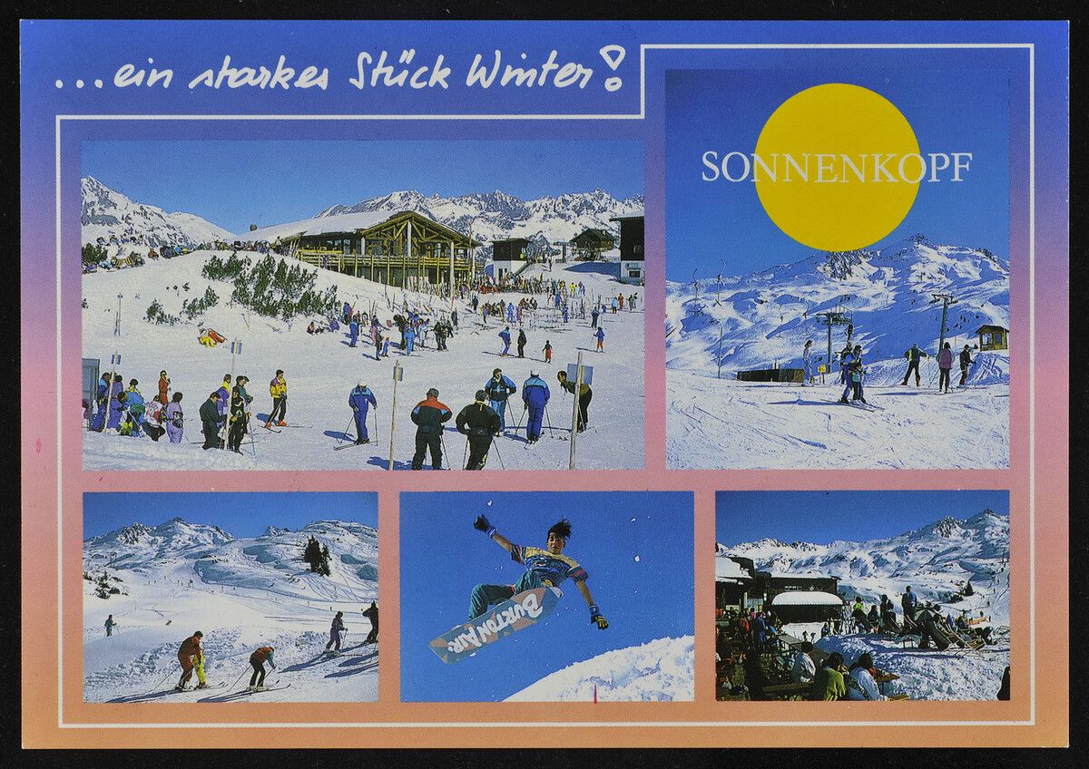 Winterspaß am Sonnenkopf: Skitage ohne Programm und ohne Pose. Man trug, was warm hielt, aß, was da war, und blieb, bis es dunkel wurde. Der Winter war kein Event, sondern einfach da.⇒Ansichtskartensammlung, Vorarlberger Landesbibliothek