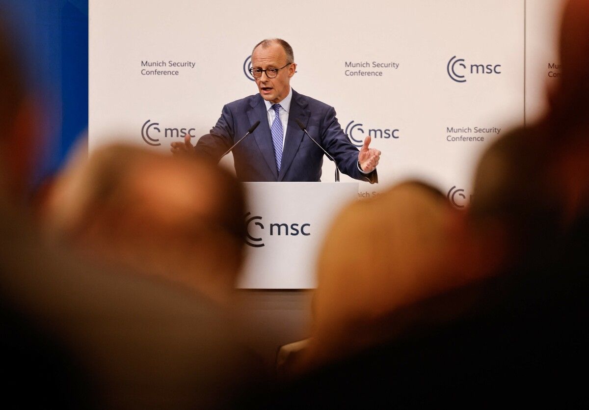 Der deutsche Bundeskanzler Friedrich Merz bei seiner Eröffnungsrede der Münchner Sicherheitskonferenz.⇒AFP