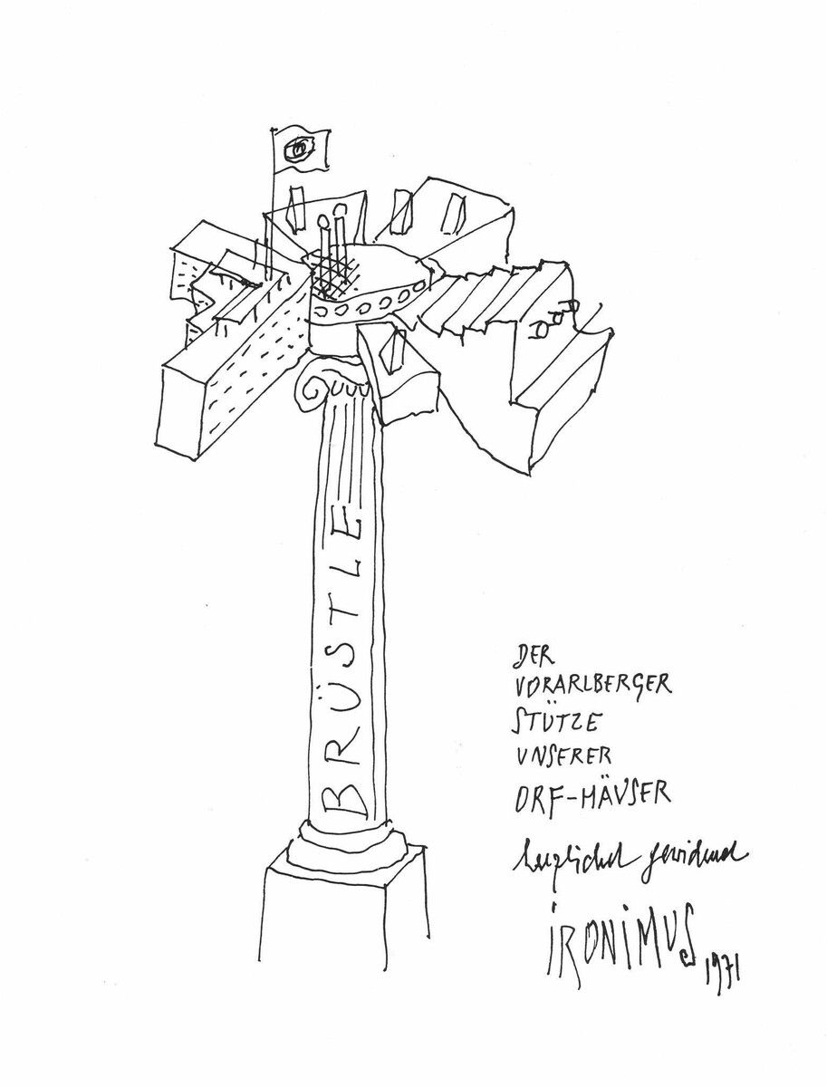 Eine Zeichnung des Architekten Gustav Peichl (Pseudonym „Ironimus“) würdigt Karl Brüstles Verdienste beim Bau der ORF-Funkhäuser.
