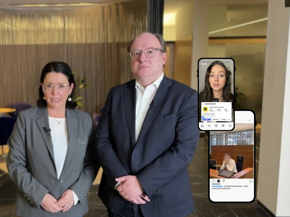 Social-Media-Video löst Shitstorm aus: Aufsichtsrätin Benedicte Hämmerle und Vorstand Gernot Erne in einem Video-Statement der Raiffeisenbank im Rheintal.