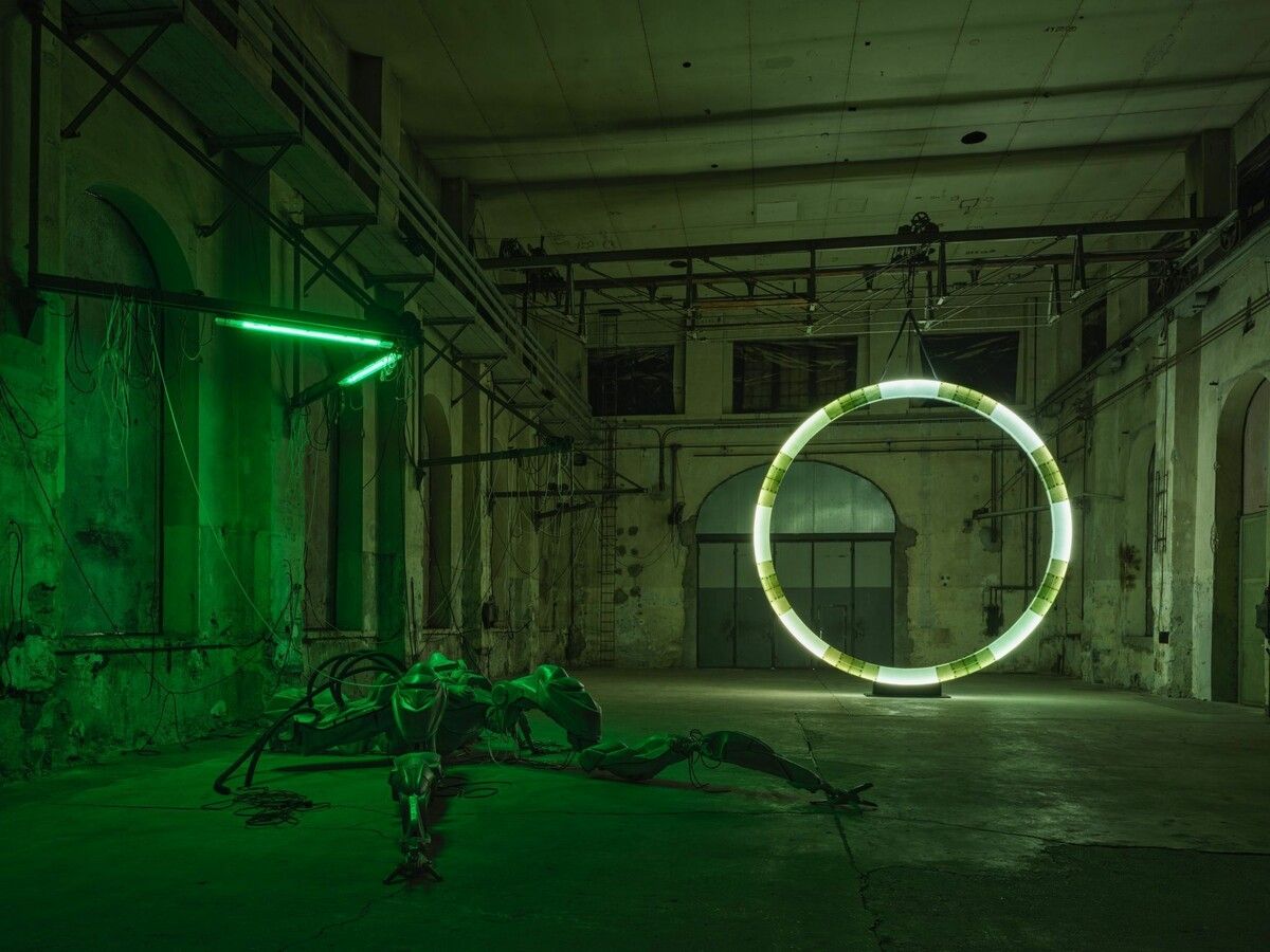 Davide Allieri schirmt den Raum gegen das Tageslicht ab und installiert eine künstliche Licht- und Klangatmosphäre.⇒Günter Richard Wett