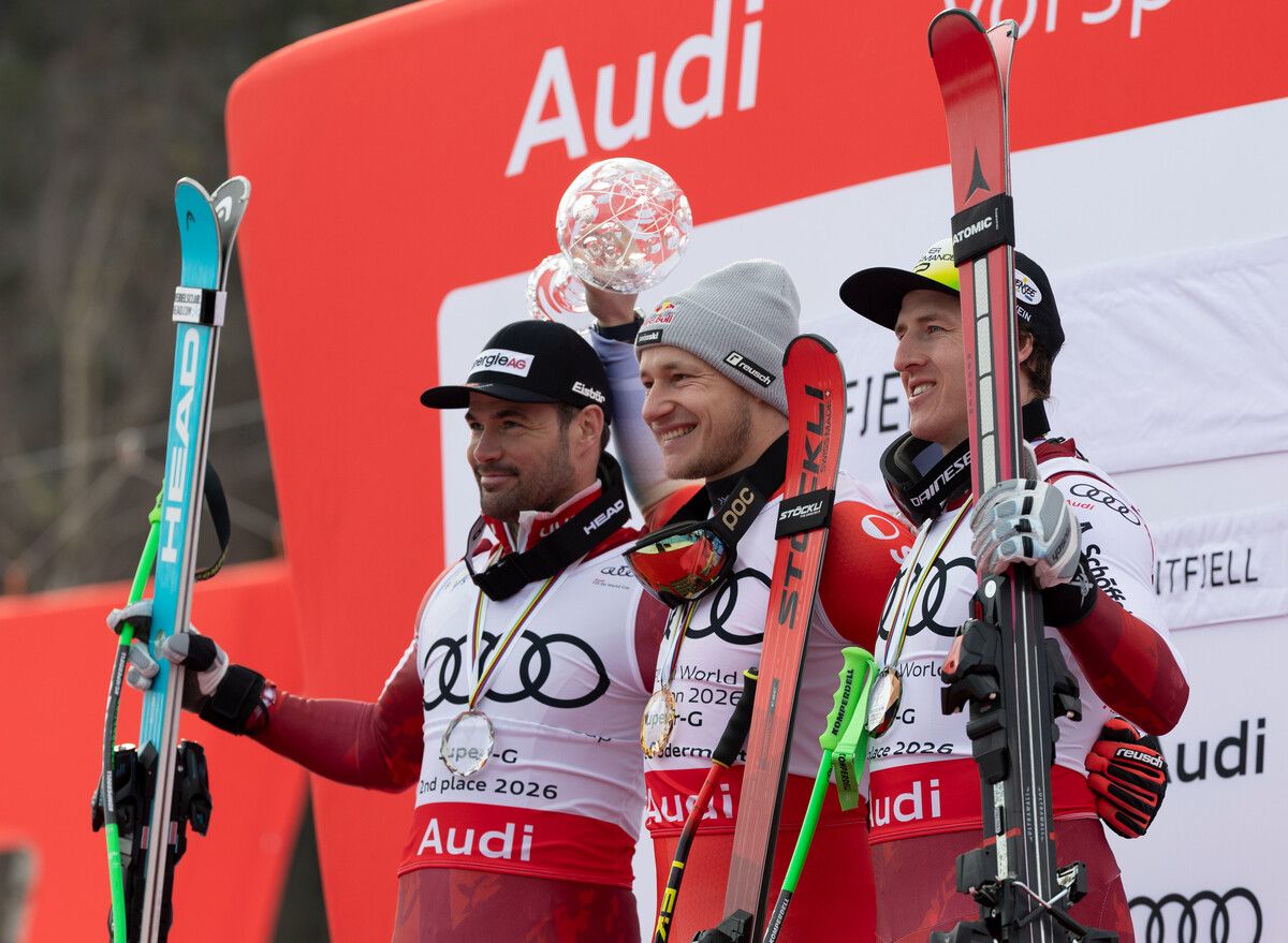Die Top-3 in der Super-G-Gesamtwertung (v. l.): Vincent Kriechmayr, Marco Odermatt und Raphael Haaser.⇒GEPA