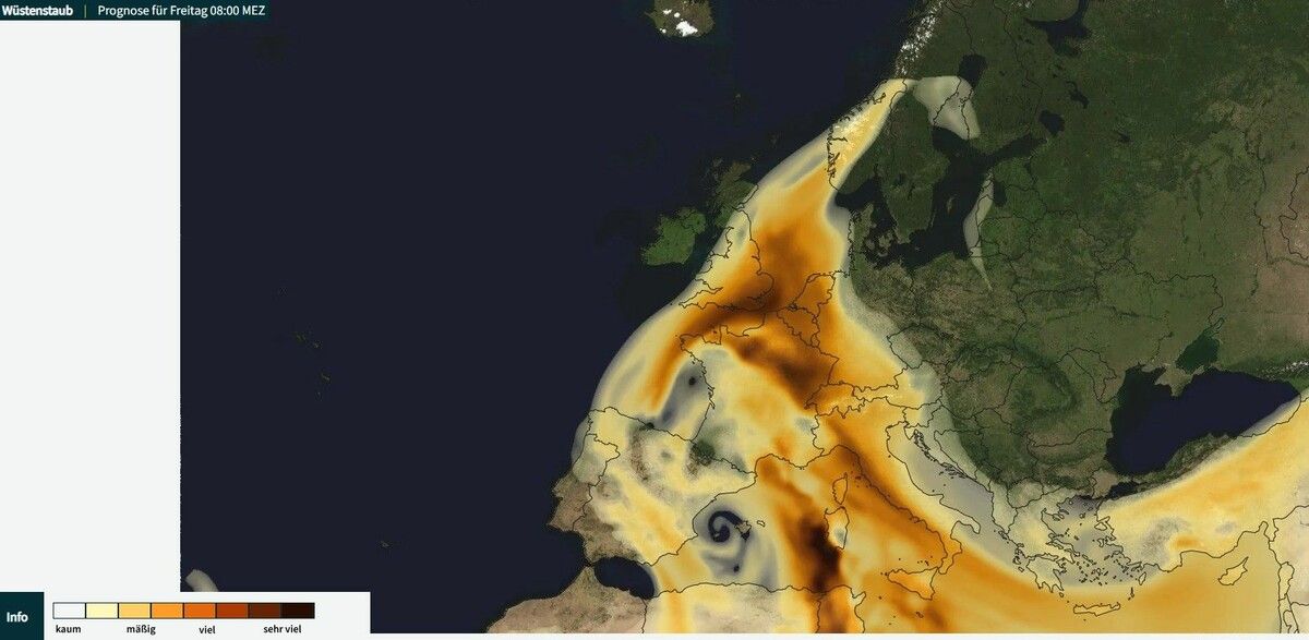 Die Wüstenstaubprognose für Freitag, 8 Uhr. Zwischen der Sahara und Vorarlberg liegen über 2000 Kilometer.