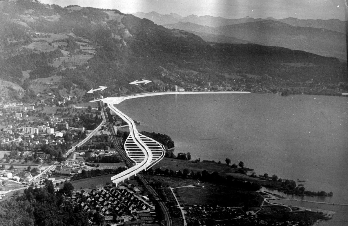 Heute unvorstellbar: Die am 20. Jänner 1969 endgültig beschlossene „Unterflurtrasse“, die von Bregenz entlang des Seeufers nach Lochau und weiter nach Deutschland führen sollte, hätte die Gemeinde Lochau vom Bodensee abgeschnitten.⇒Manfred Schallert (3)