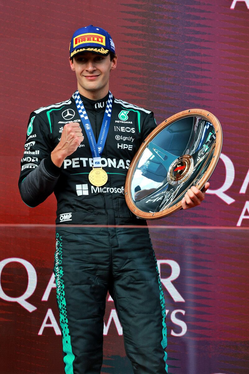 Mercedes-Pilot George Russel ballt die Faust, nachdem er den ersten Grand Prix des Jahres in Australien gewinnen konnte.⇒gepa