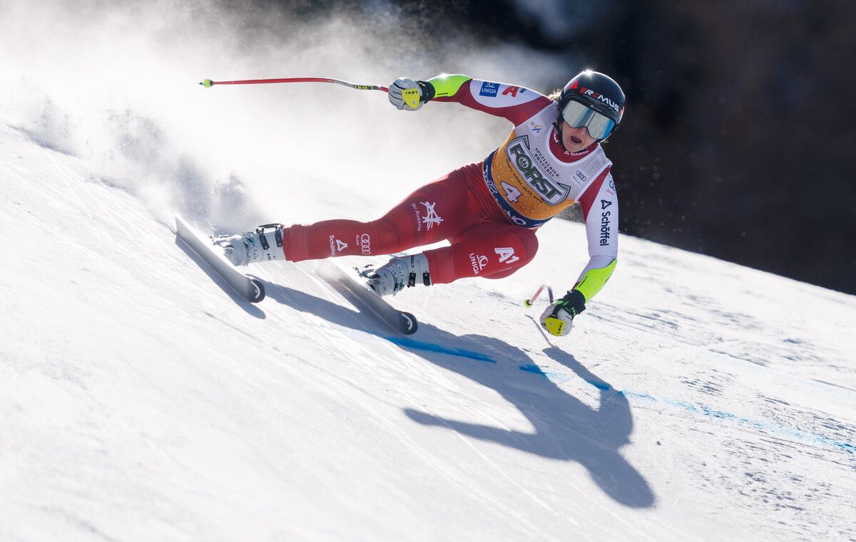 Nina Ortlieb hat im Kampf um die kleine Kristallkugel in der Abfahrt ein kräftiges Ausrufezeichen gesetzt.⇒GEPA