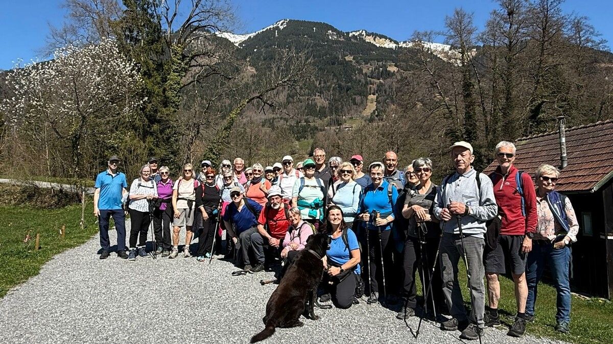 Die Wandergruppe von Vorarlberg 50Plus Lustenau genießt den Ausblick beim Montiola-Weiher bei frühlingshaftem Wetter. ⇒50Plus Lustenau