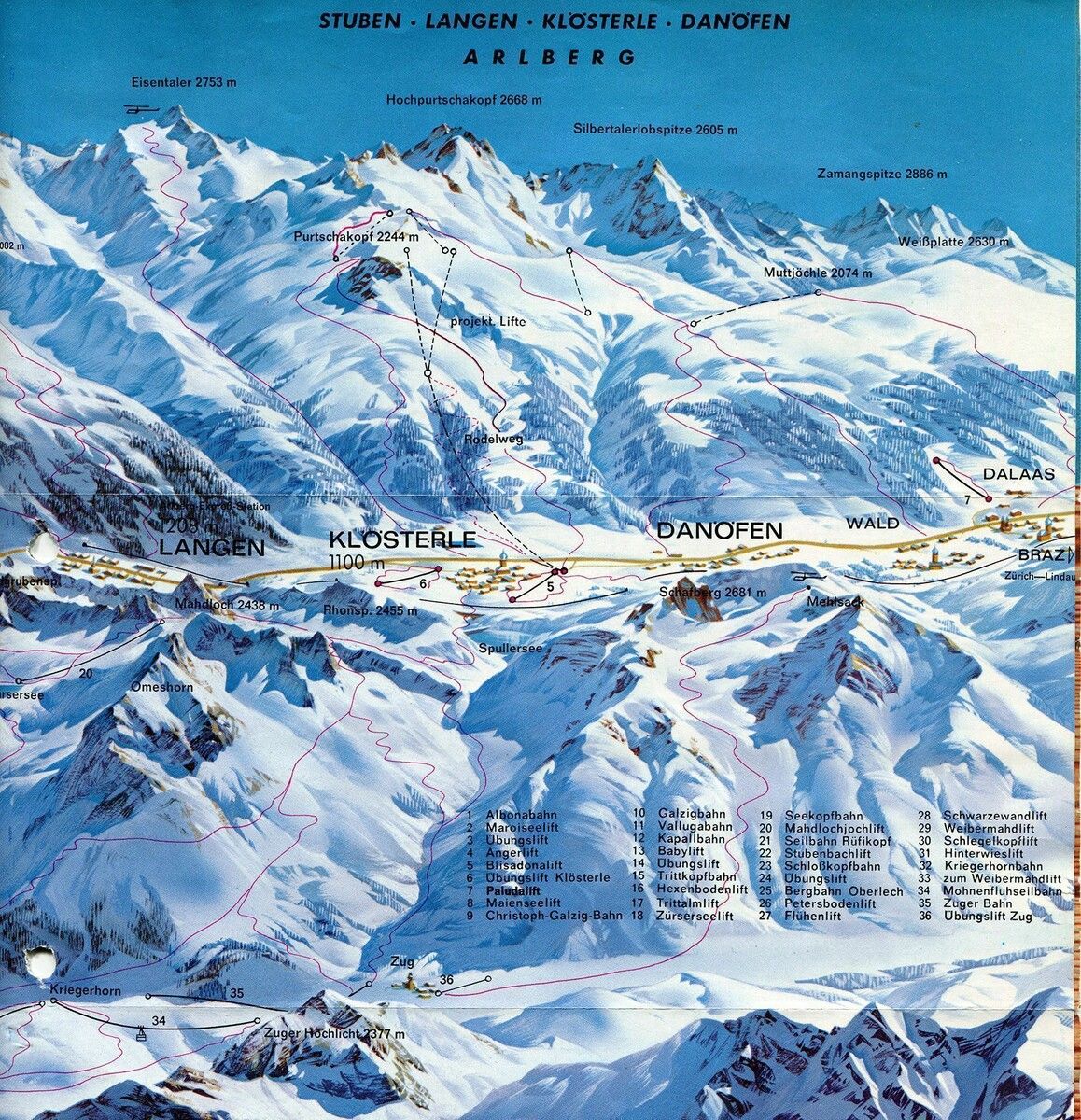 Karte des projektierten Skigebiets Sonnenkopf Anfang der 1970er-Jahre. ⇒Archiv Museumsverein Klostertal