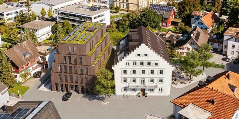 Luftbild-Visualisierung von „LÖWE + CO“: Auch der Gastgarten soll wieder ­kommen. ⇒INSIDE96