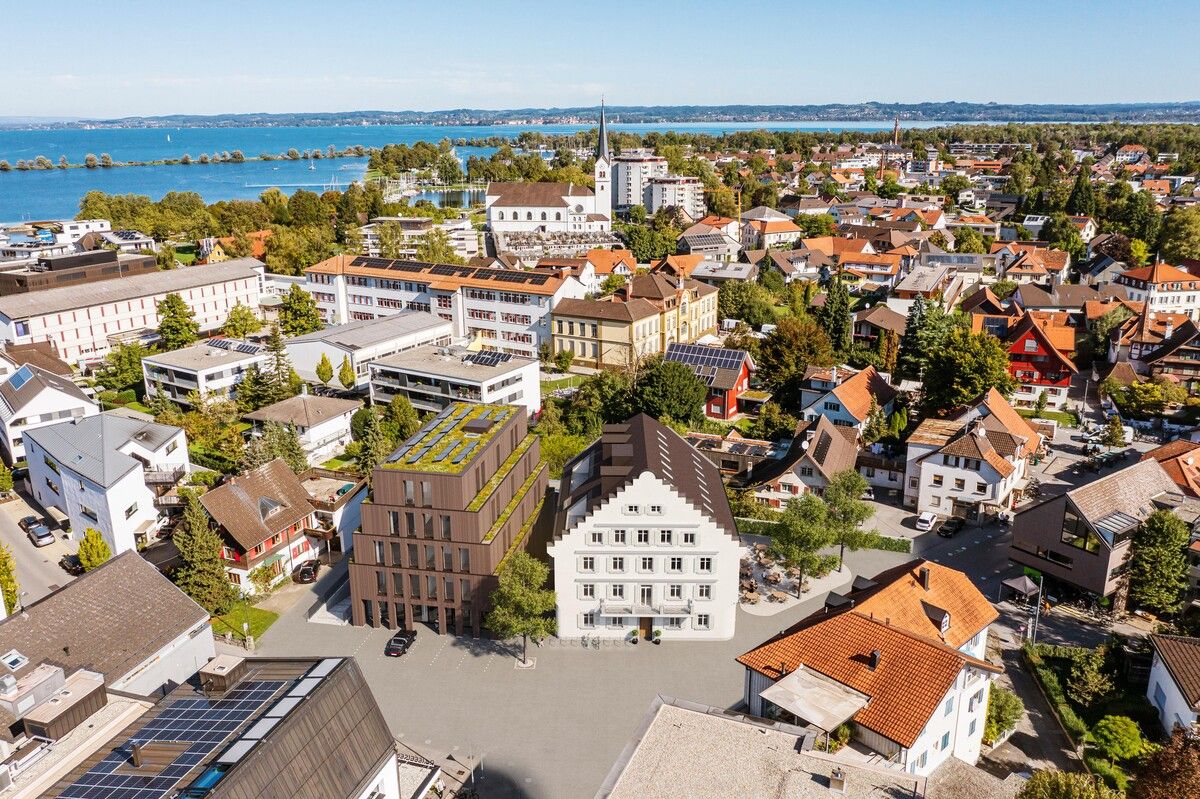 Luftbild-Visualisierung von „LÖWE + CO“: Auch der Gastgarten soll wieder kommen.⇒ Inside96