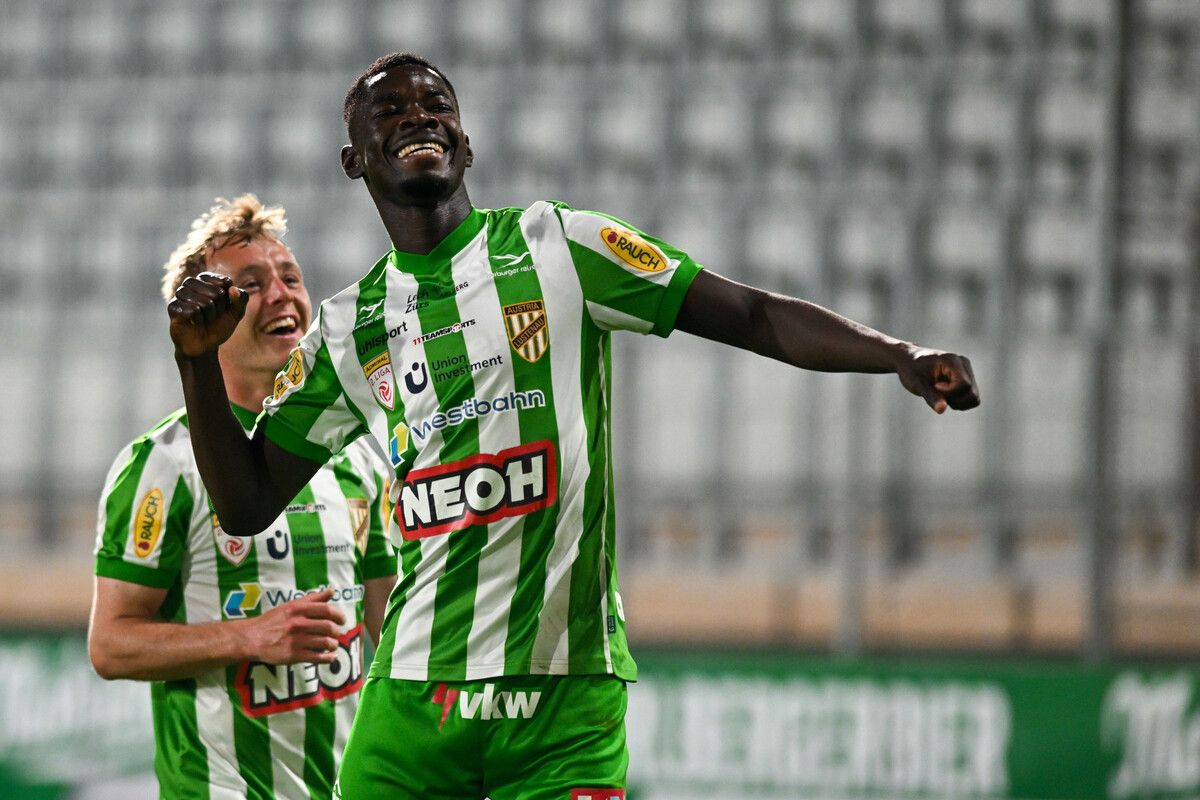 LUSTENAU,AUSTRIA,10.APR.26 - SOCCER - ADMIRAL 2. Liga, SC Austria Lustenau vs SKN Sankt Poelten. Image shows the rejoicing of Fabian Gmeiner and Mame Wade (A.Lustenau). Photo: GEPA pictures/ Oliver Lerch