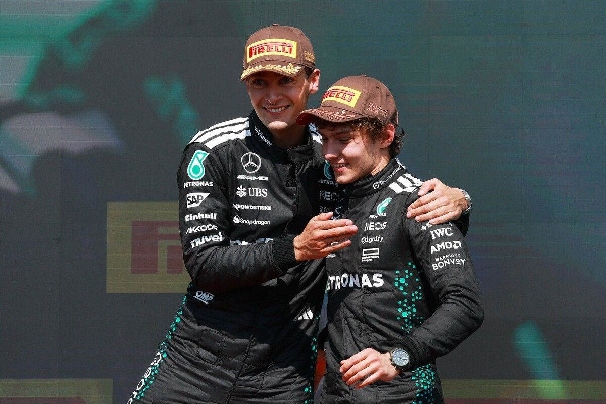Das Mercedes-Powerduo: George Russell (l.) gewann zum Auftakt in Australien, anschließend gelang Kimi Antonelli in China, Japan und Miami das Triple.⇒APA