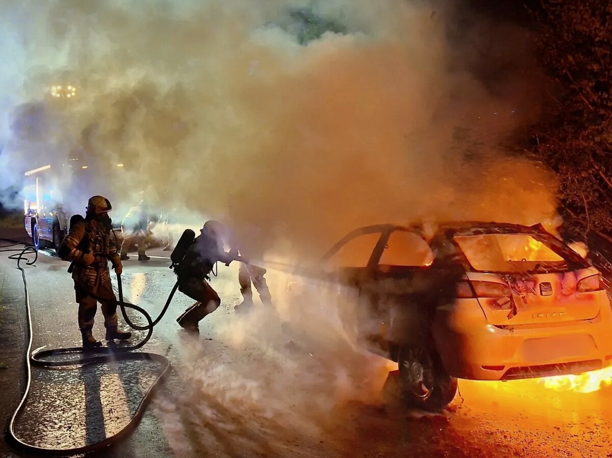 Einsatzkräfte der Feuerwehr Hohenems beim Löschen des Fahrzeuges.