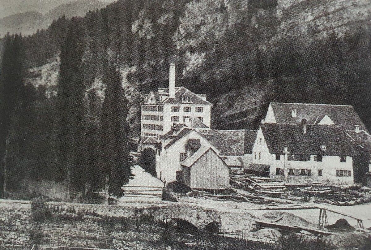 Illschlucht mit der ersten Ganahl-Fabrik und Gewerbezone in der Au um 1880. ⇒Feldkircher Stadtarchiv (3)