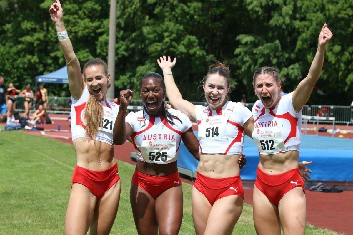 Die Sprint-Nationalstaffel mit Karin Strametz, Christania Williams, der Fußacherin Isabel Posch und Magdalena Lindner (v. l.)⇒ÖLV