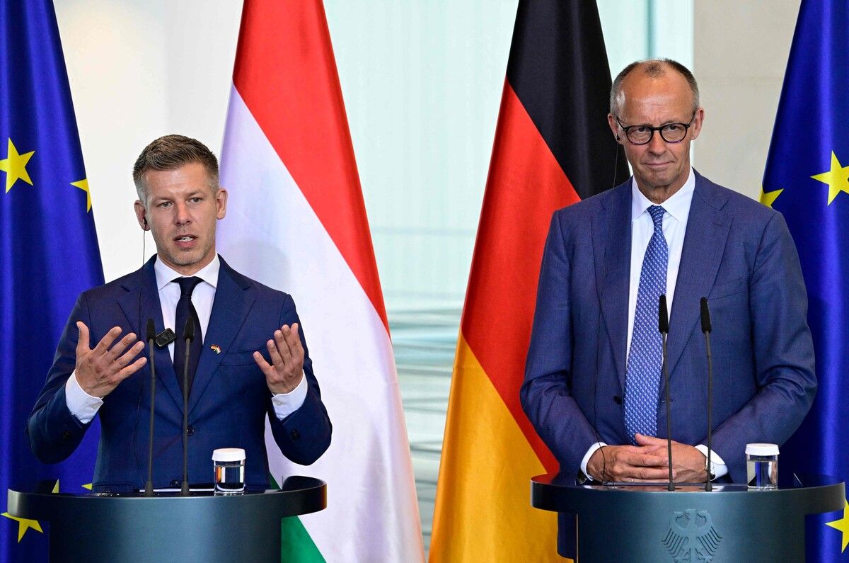 Ungarns Ministerpräsident Magyar beim Treffen mit dem deutschen Kanzler Merz.⇒AFP